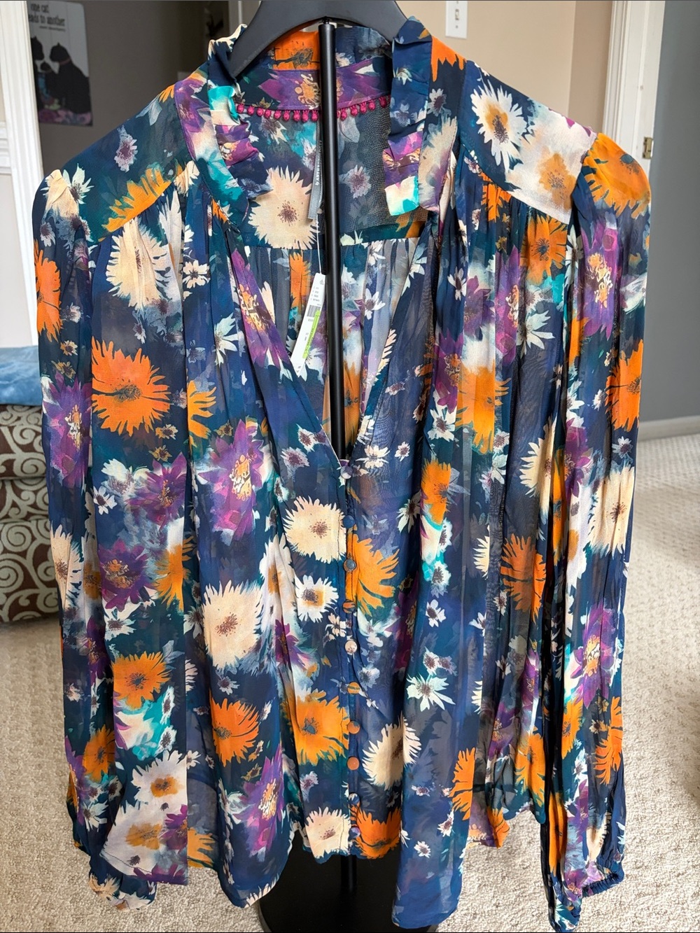 Anthropologie Navy Floral V-Neck Blouse with Orange & Cream Blooms
